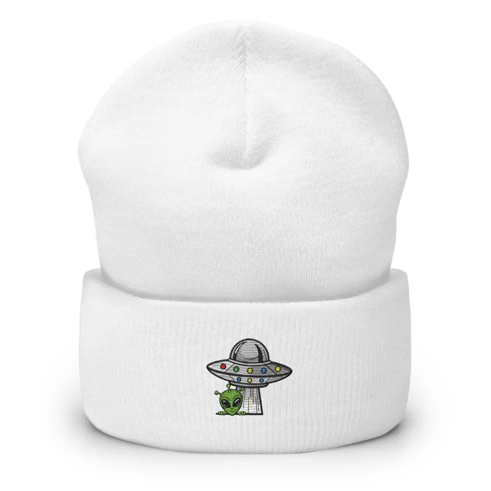 White knit beanie with funny outer space alien UFO embroidered design