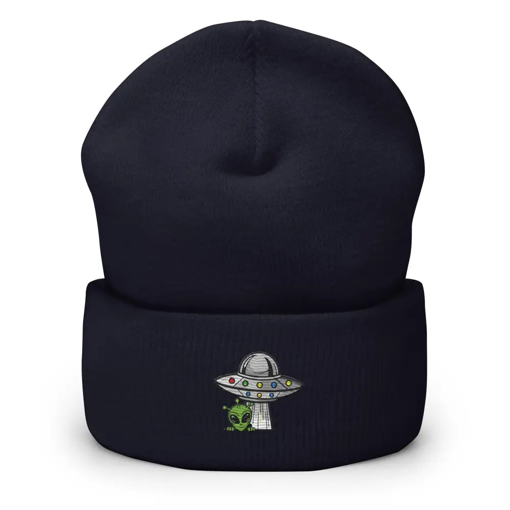 Dark blue alien ufo embroidered beanie with alien and UFO design for cosmic streetwear