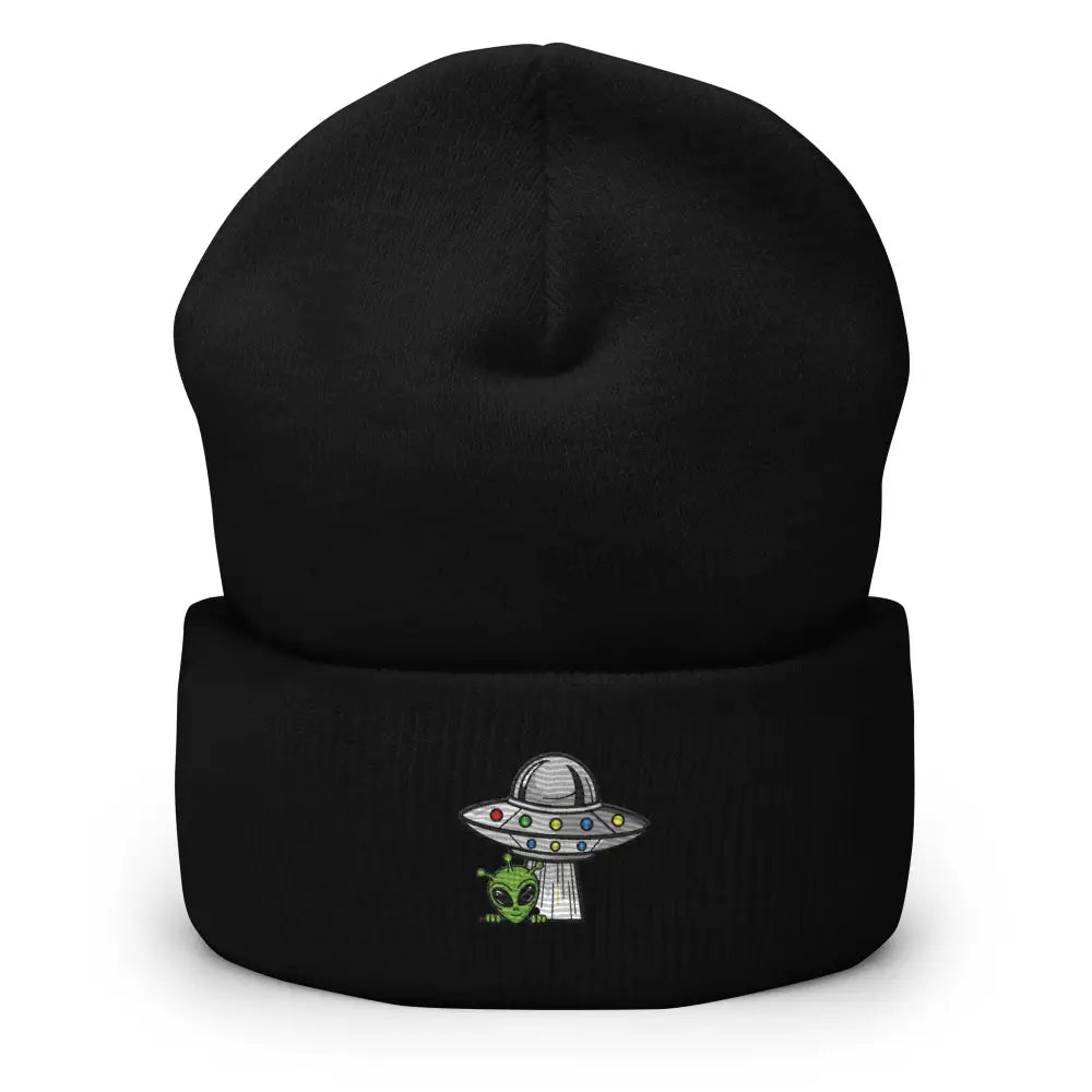 Black beanie with alien ufo embroidered design, cosmic streetwear knit hat for winter