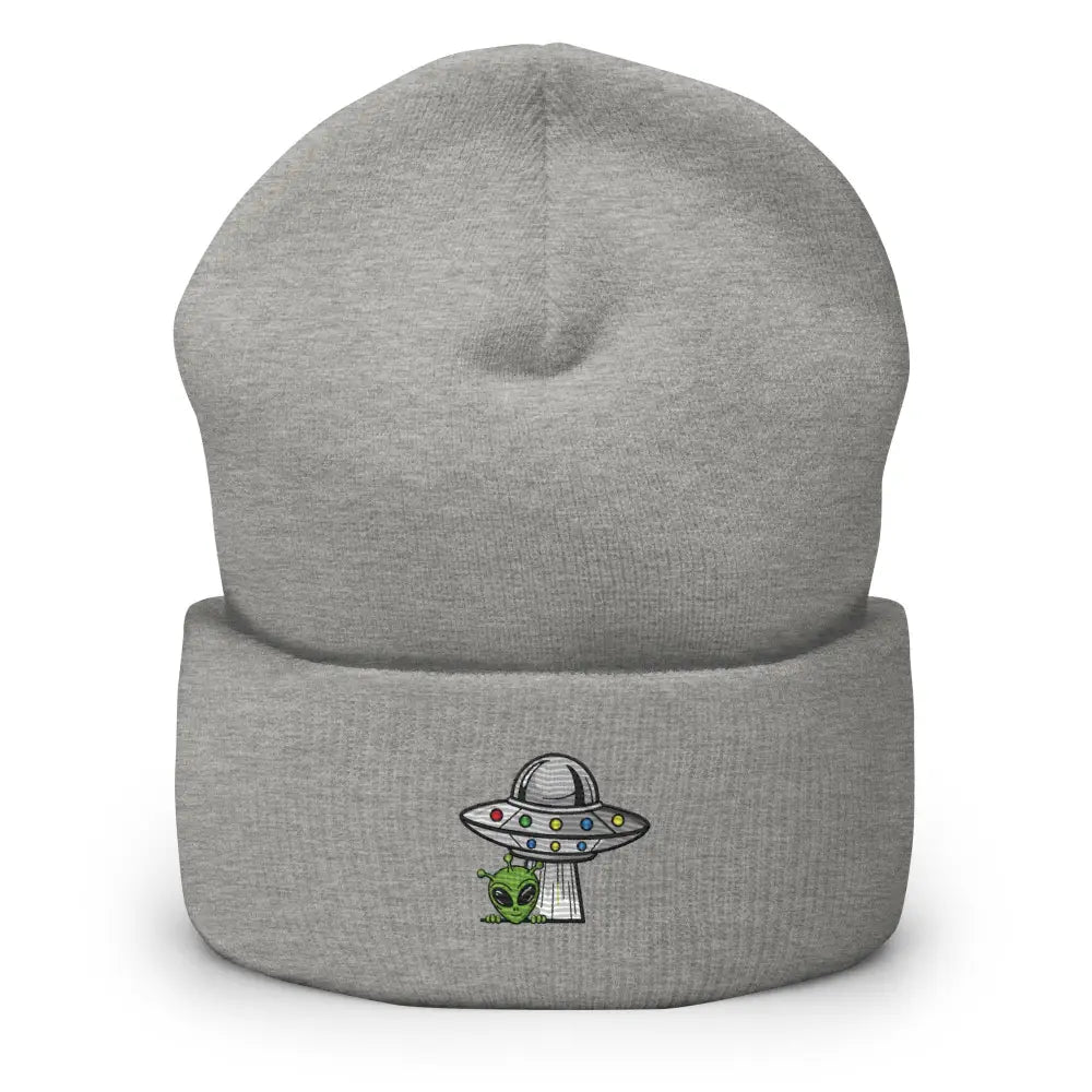Gray alien ufo embroidered beanie with alien and UFO design, perfect for cosmic streetwear