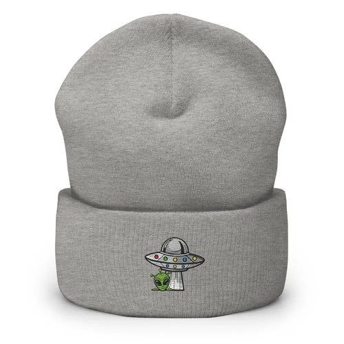 Gray UFO embroidered beanie with funny outer space alien design