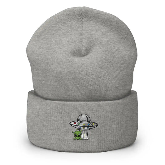 Gray alien ufo embroidered beanie with alien and UFO design, perfect for cosmic streetwear