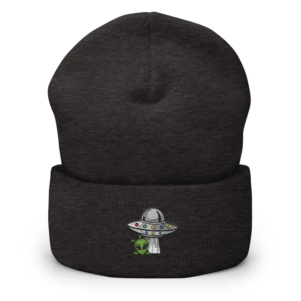Dark gray alien ufo embroidered beanie with alien and UFO design for cosmic streetwear