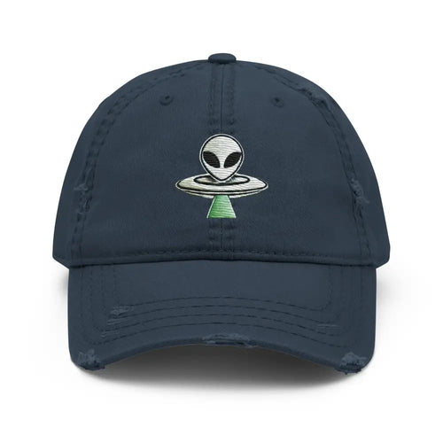 Distressed navy blue dad hat with alien UFO embroidered by Trini Skies