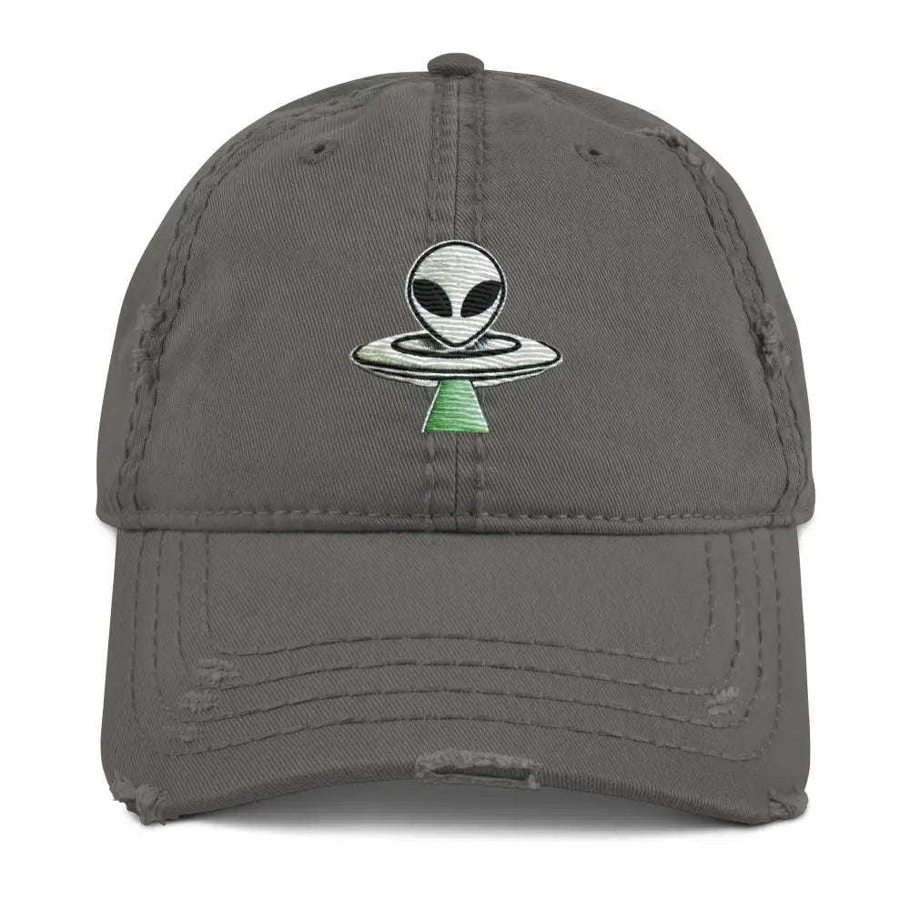 Distressed grey Alien UFO embroidered dad hat by Trini Skies