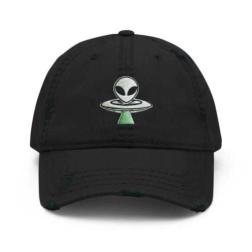 Distressed dad hat with alien UFO embroidered design by Trini Skies
