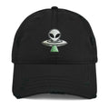 Distressed black Trini Skies alien UFO embroidered dad hat