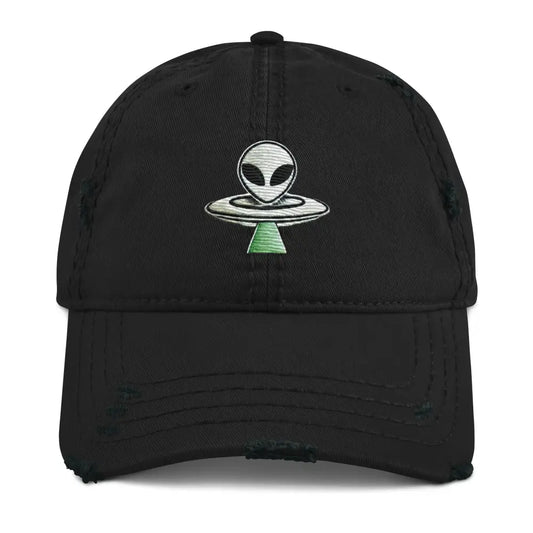 Alien UFO Embroidered Distressed Dad Hat | Adjustable Strap | Low Profile - Black - Hats distressed black baseball cap