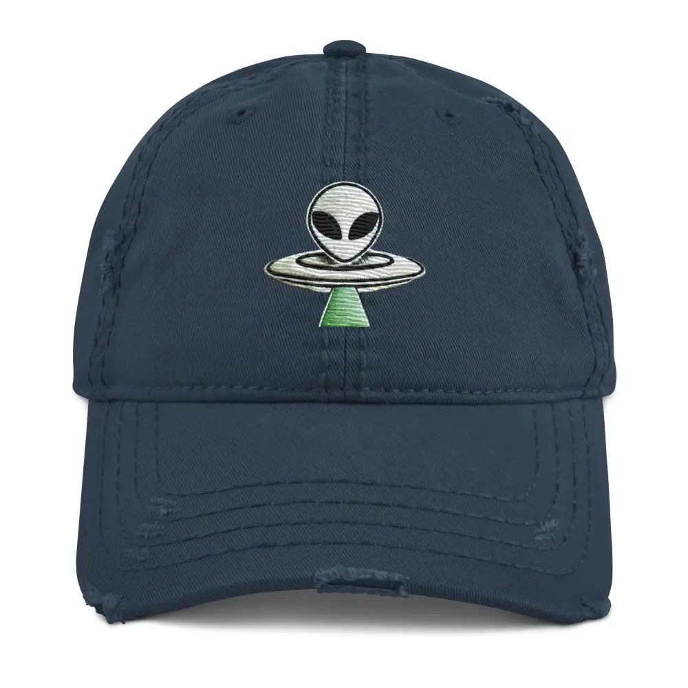 Distressed navy blue Trini Skies alien UFO embroidered dad hat