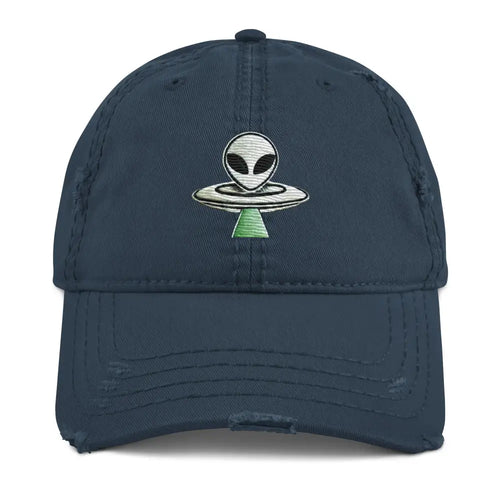 Distressed navy blue Trini Skies alien UFO embroidered dad hat