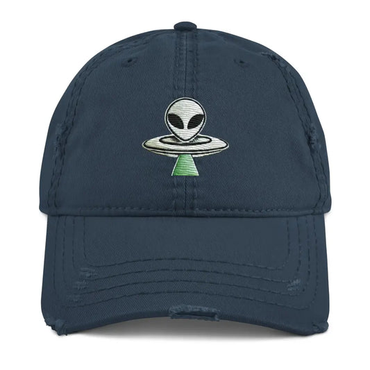 Distressed navy blue Trini Skies alien UFO embroidered dad hat