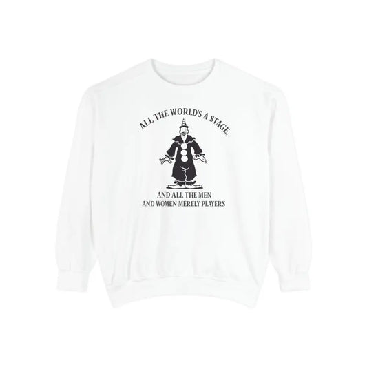 White crewneck sweatshirt with black clown graphic featuring Shakespeare quote for quote sweatshirt fashion