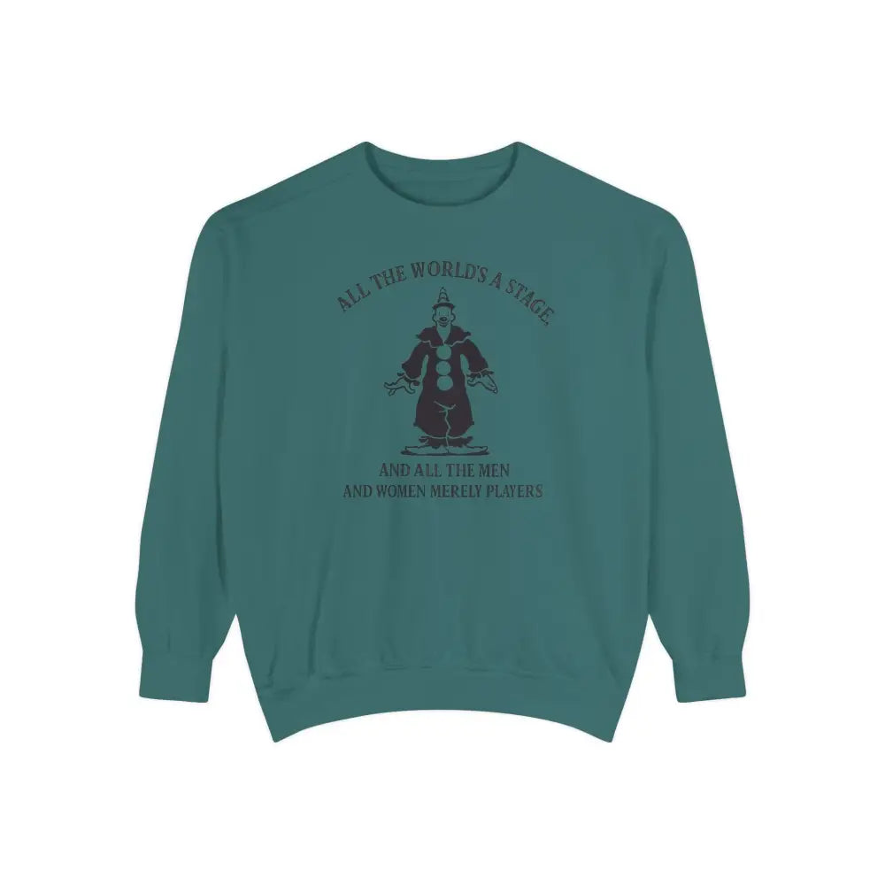 Teal Shakespeare quote sweatshirt with graphic print, perfect for theatre lovers and literary fans