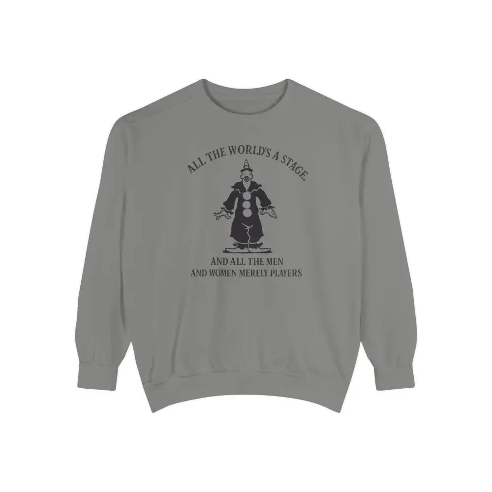 Grey long-sleeve crewneck sweatshirt with clown illustration and Shakespeare quote design