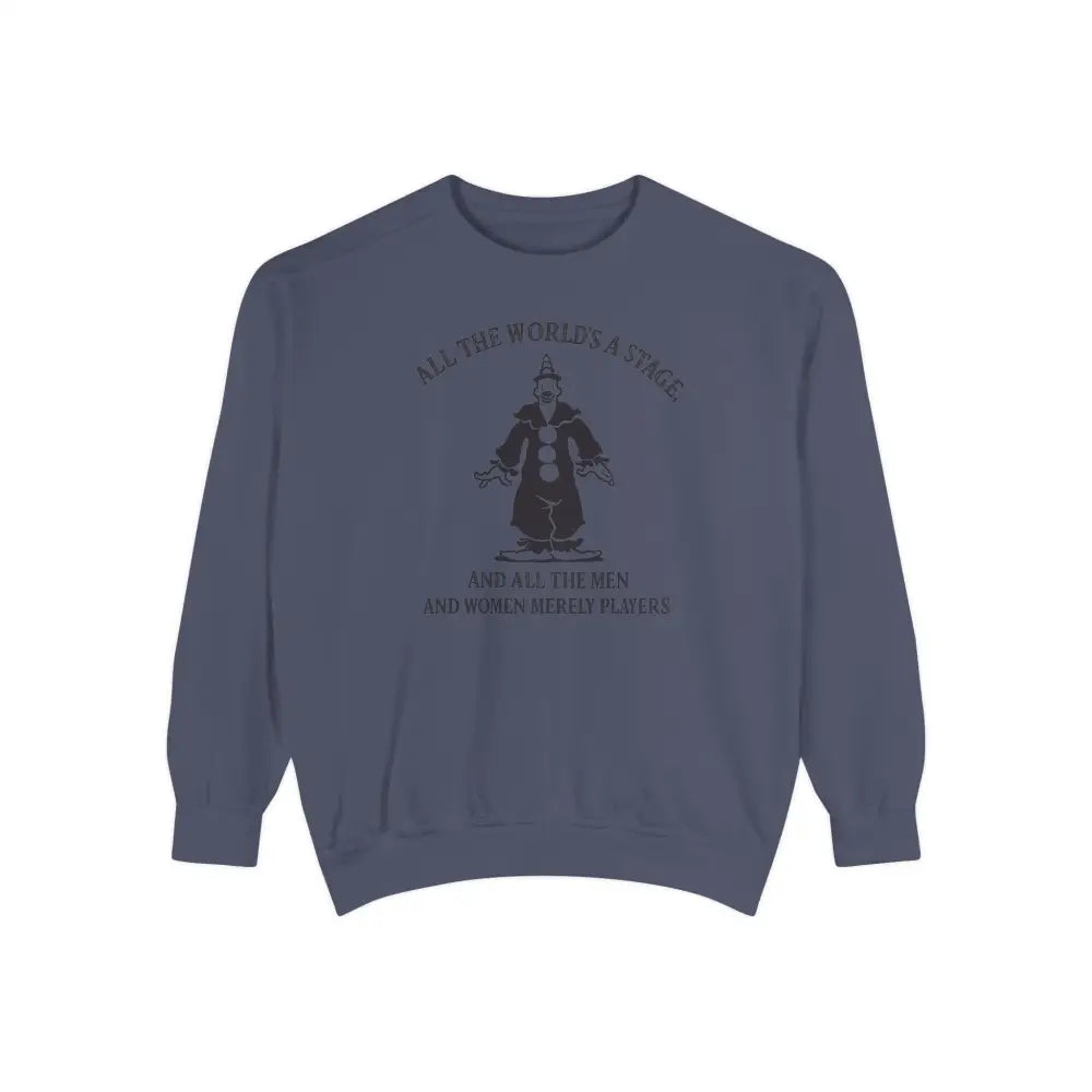 Dark blue Shakespeare quote sweatshirt with robed figure graphic for theatre lovers