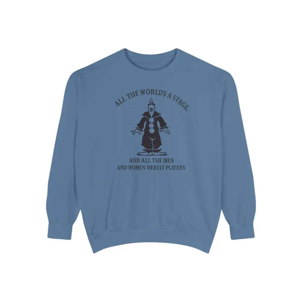 Blue crewneck sweatshirt with jester graphic featuring Shakespeare quote for theatre lovers
