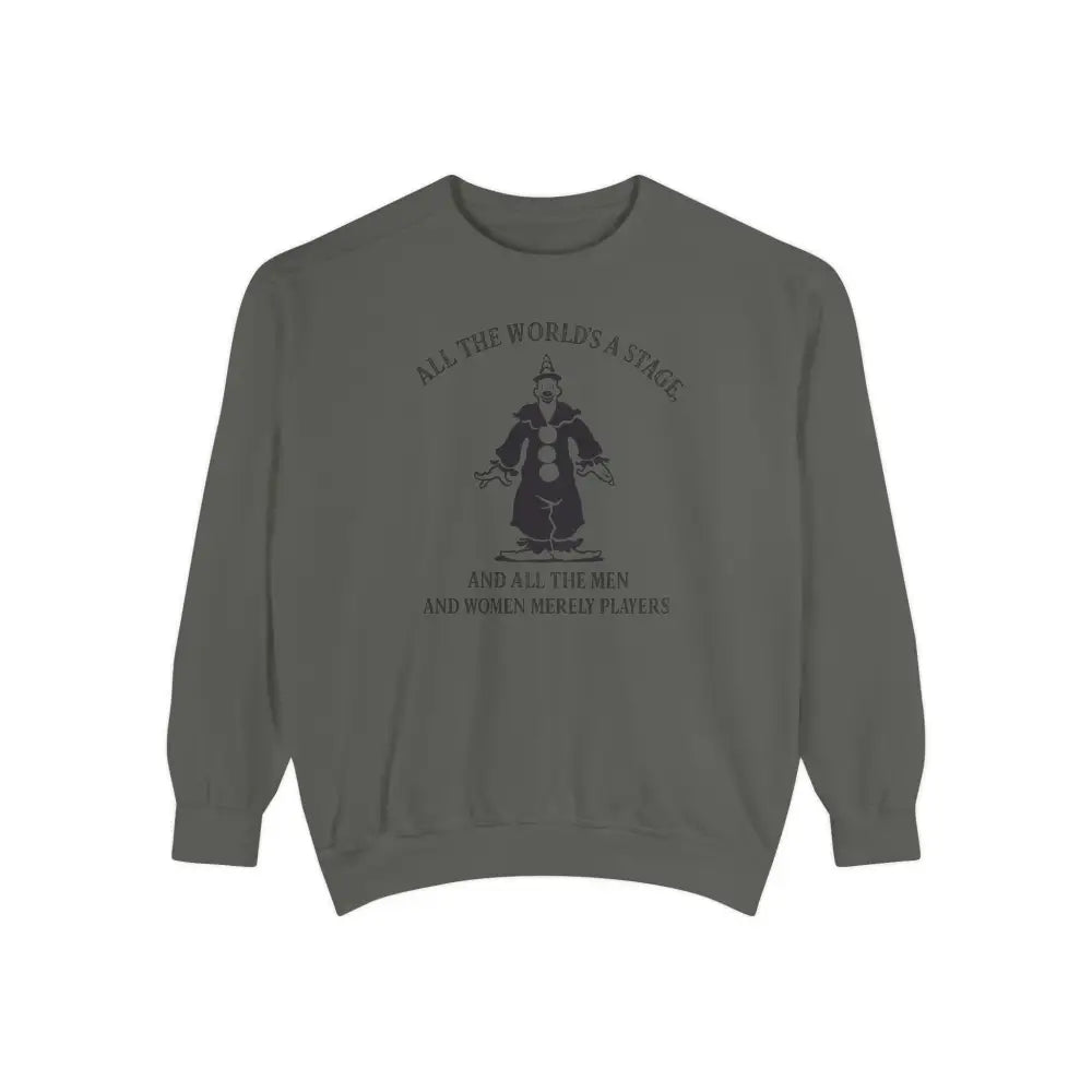 Dark gray Shakespeare quote sweatshirt with robed figure graphic for theatre lovers