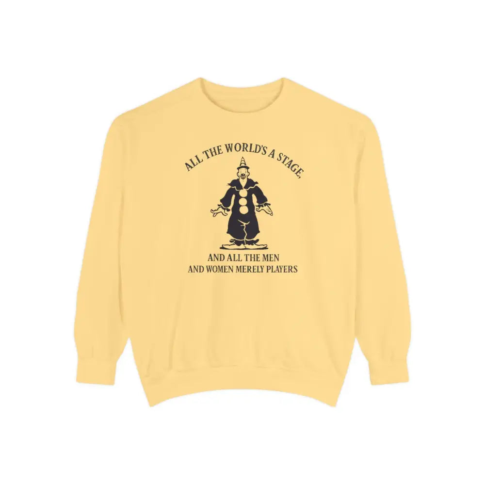 Yellow long-sleeved crewneck sweatshirt with black clown graphic and Shakespeare quote design