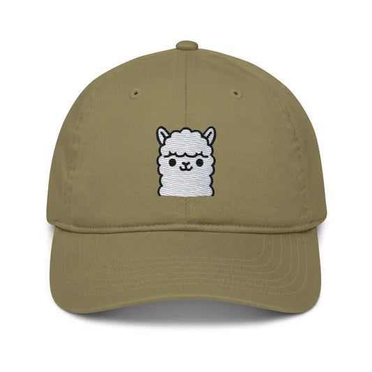 Khaki eco friendly cap with embroidered white alpaca and llama organic cotton detail