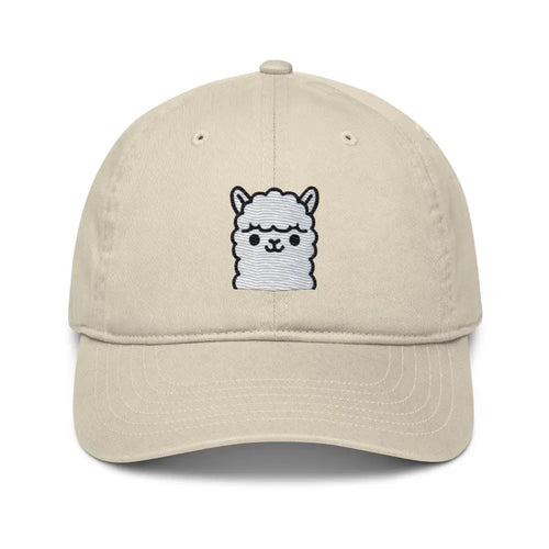 Beige eco friendly cap with embroidered cartoon alpaca