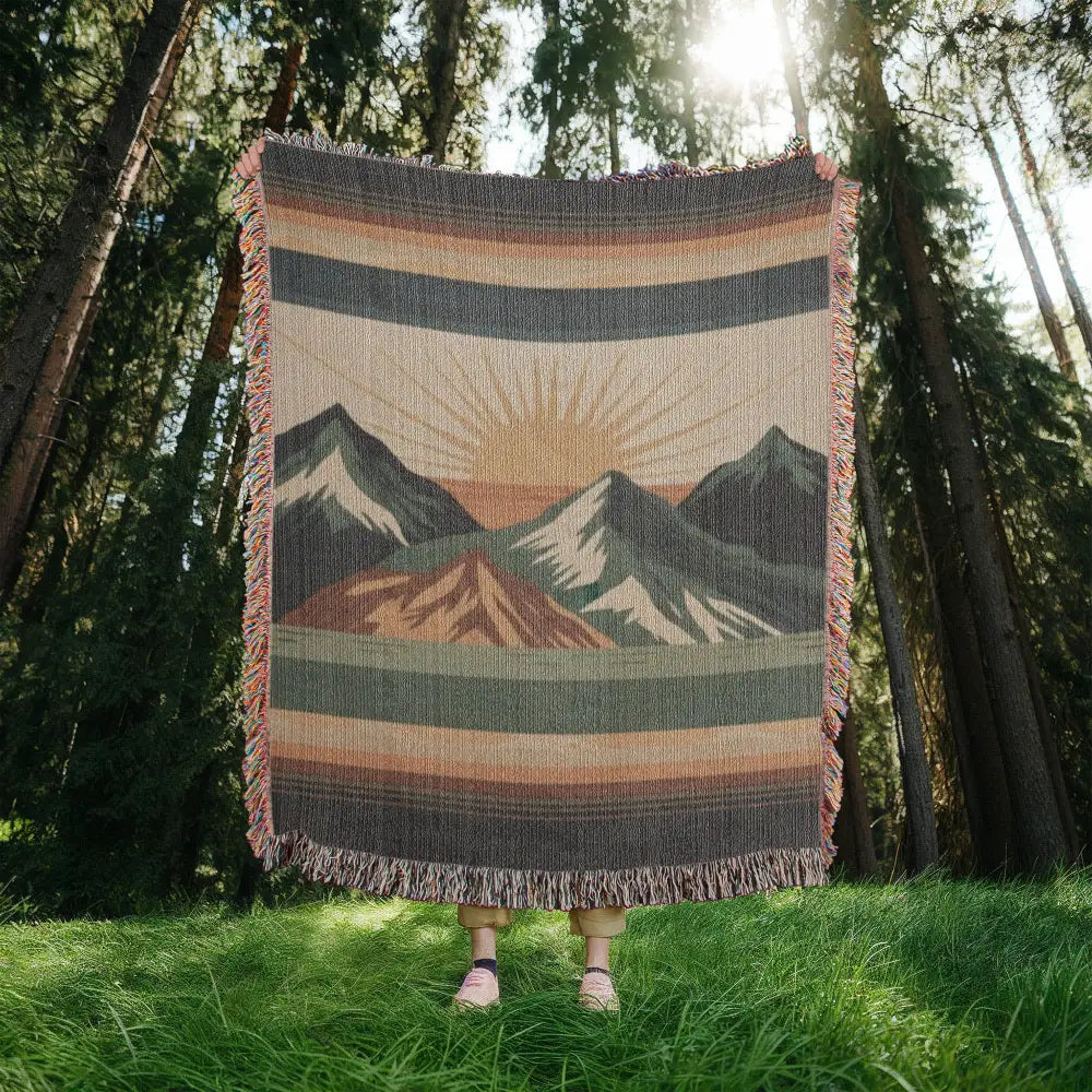 Alpine Sunrise Woven blanket with mountain landscape tapestry in earthy tones