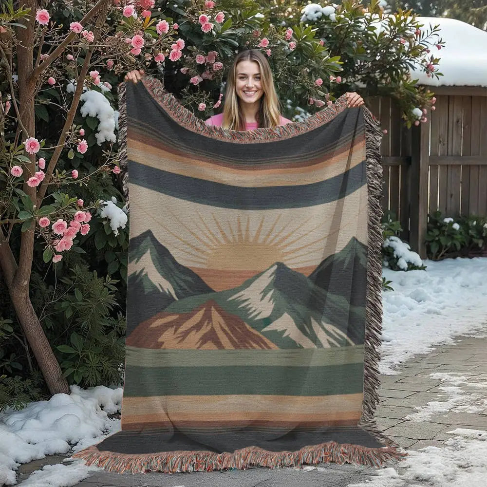 Alpine sunrise woven blanket with mountain landscape travel design