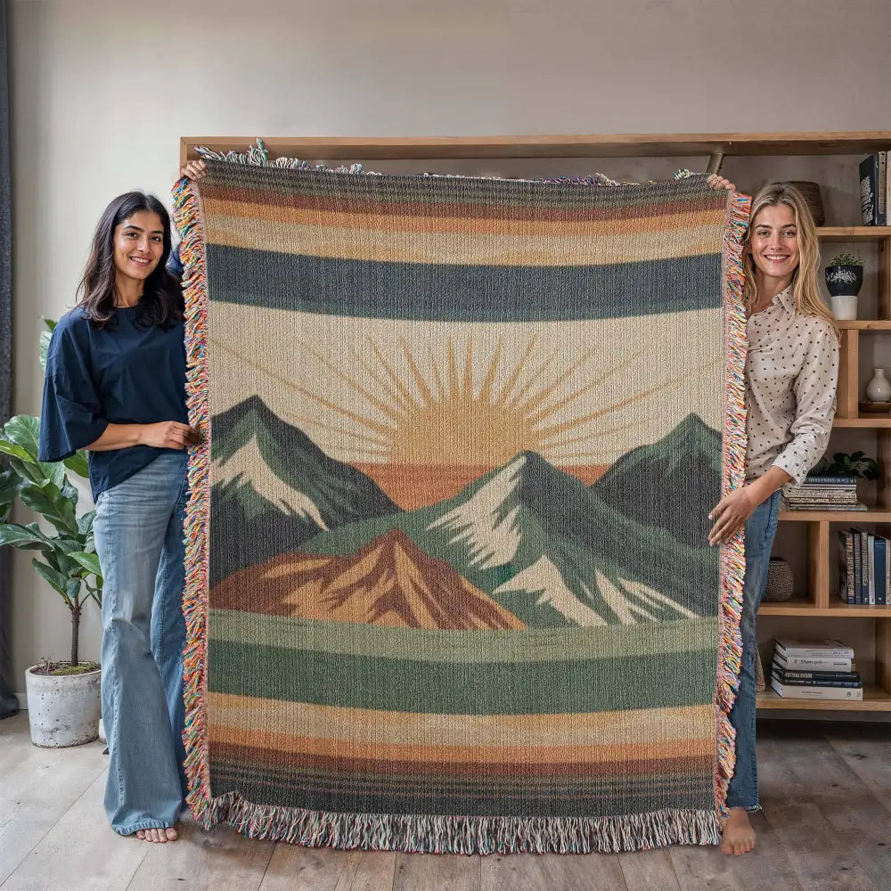 Alpine Sunrise Woven Blanket with Mountain Landscape Travel Design