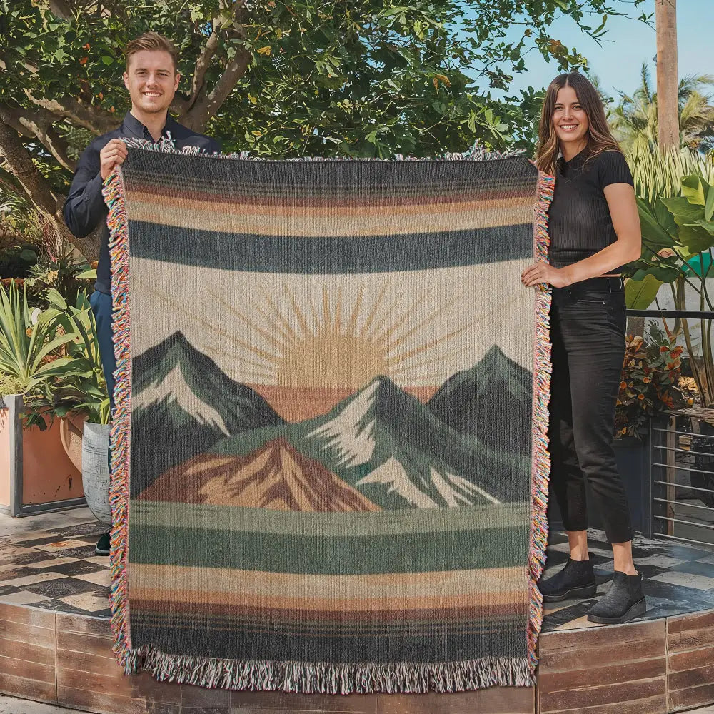 Alpine Sunrise Woven Blanket with mountain landscape travel design
