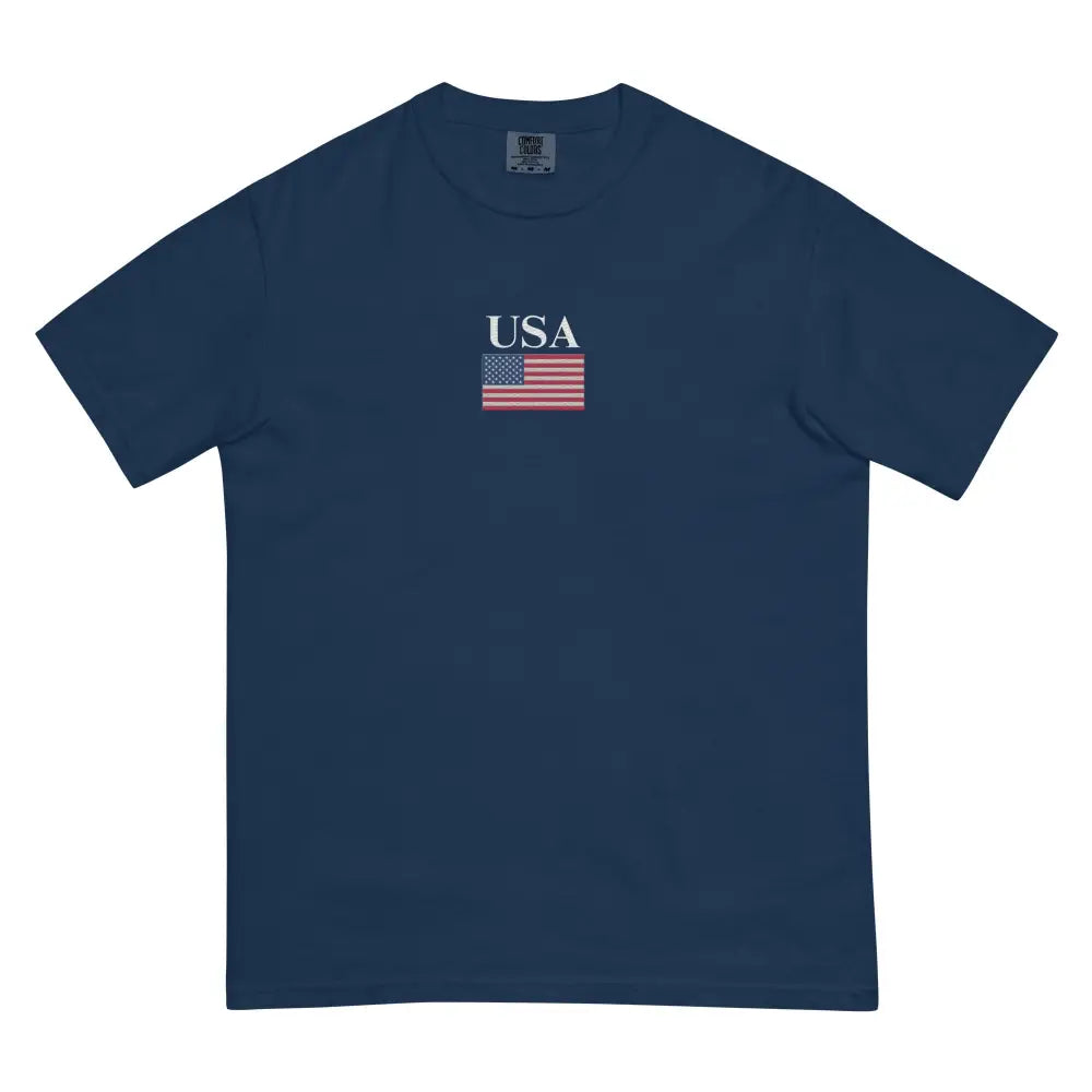 America Comfort Colors memorial day tee with navy blue short sleeve USA flag design