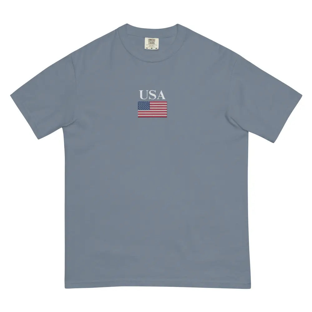 Light blue America Comfort Colors Memorial Day Tee with USA flag design for 4th of July