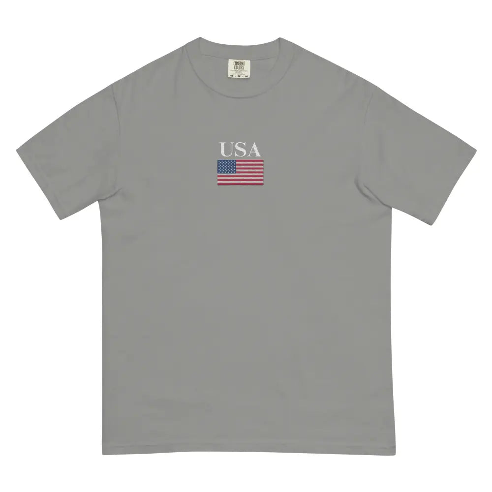 Grey America Comfort Colors memorial day tee with embroidered USA flag design