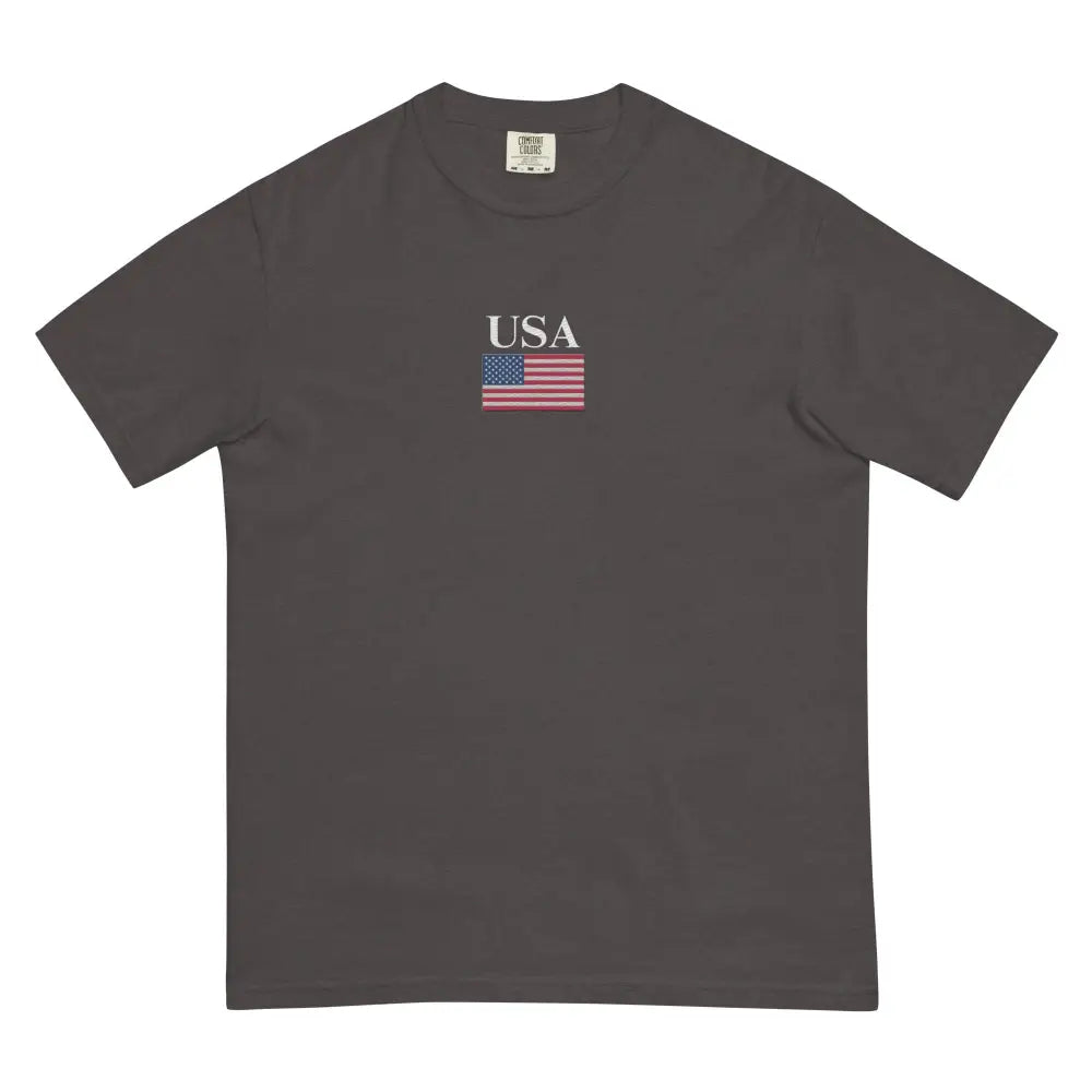 Dark gray America Comfort Colors memorial day tee with small embroidered USA flag