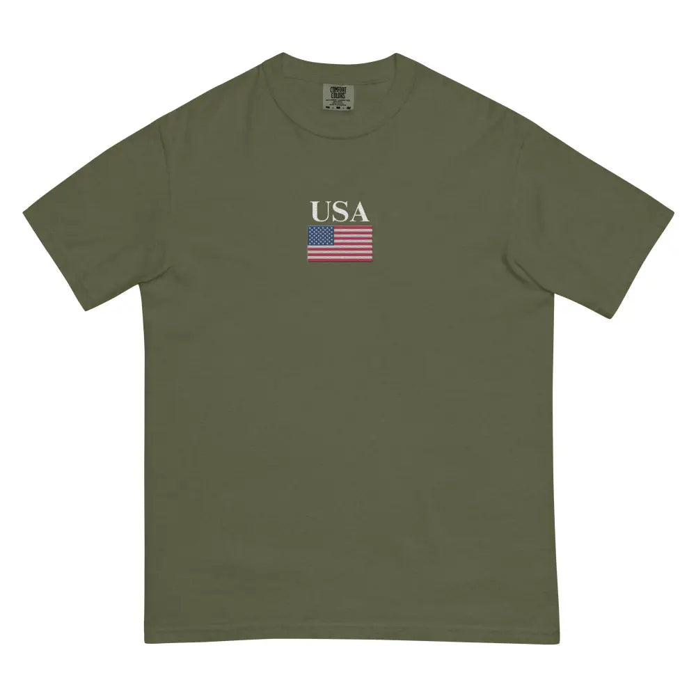 Olive green America Comfort Colors Memorial Day Tee with USA flag design