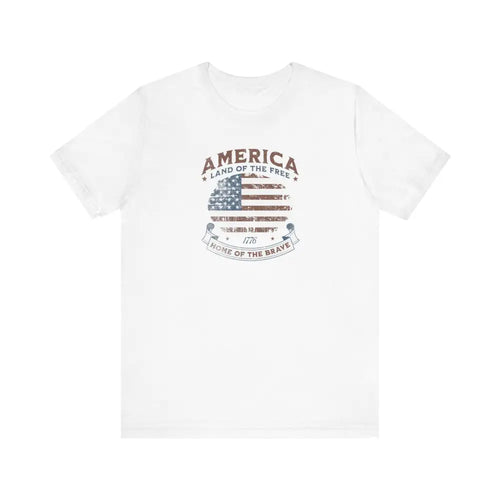 White short-sleeve vintage t-shirt with American flag graphic by Trini Skies