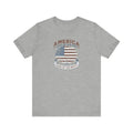 Heather gray vintage t-shirt with distressed American flag graphic by Trini Skies
