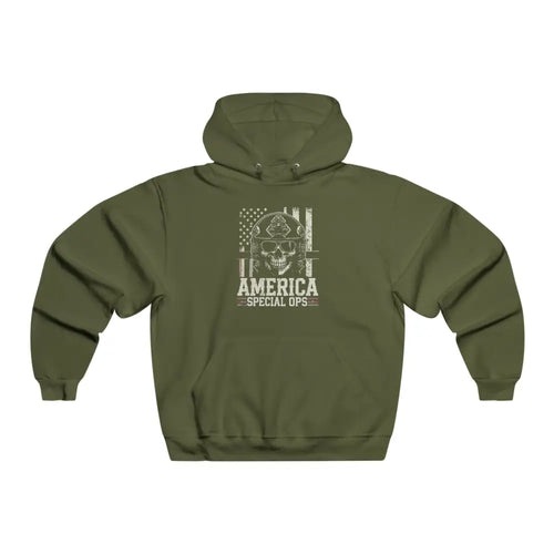 Olive green operations patriotic hoodie with distressed American flag skull graphic