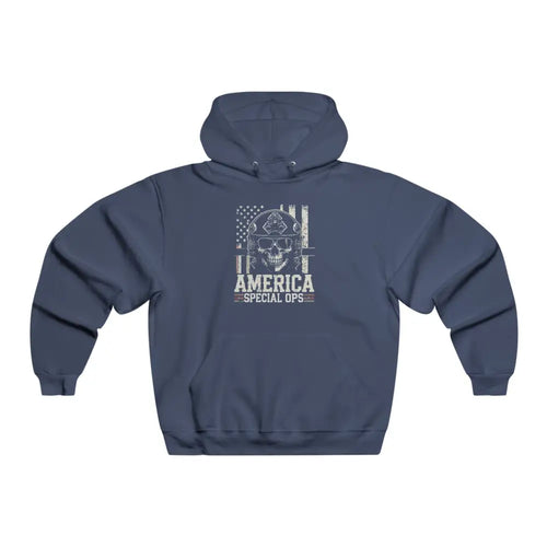 Navy blue operations patriotic hoodie with skull helmet and America Special Ops print