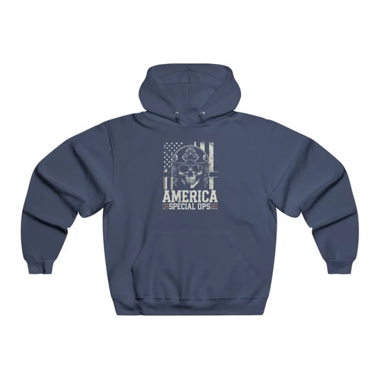 Navy blue operations patriotic hoodie with skull in helmet print, perfect for elite forces protecting