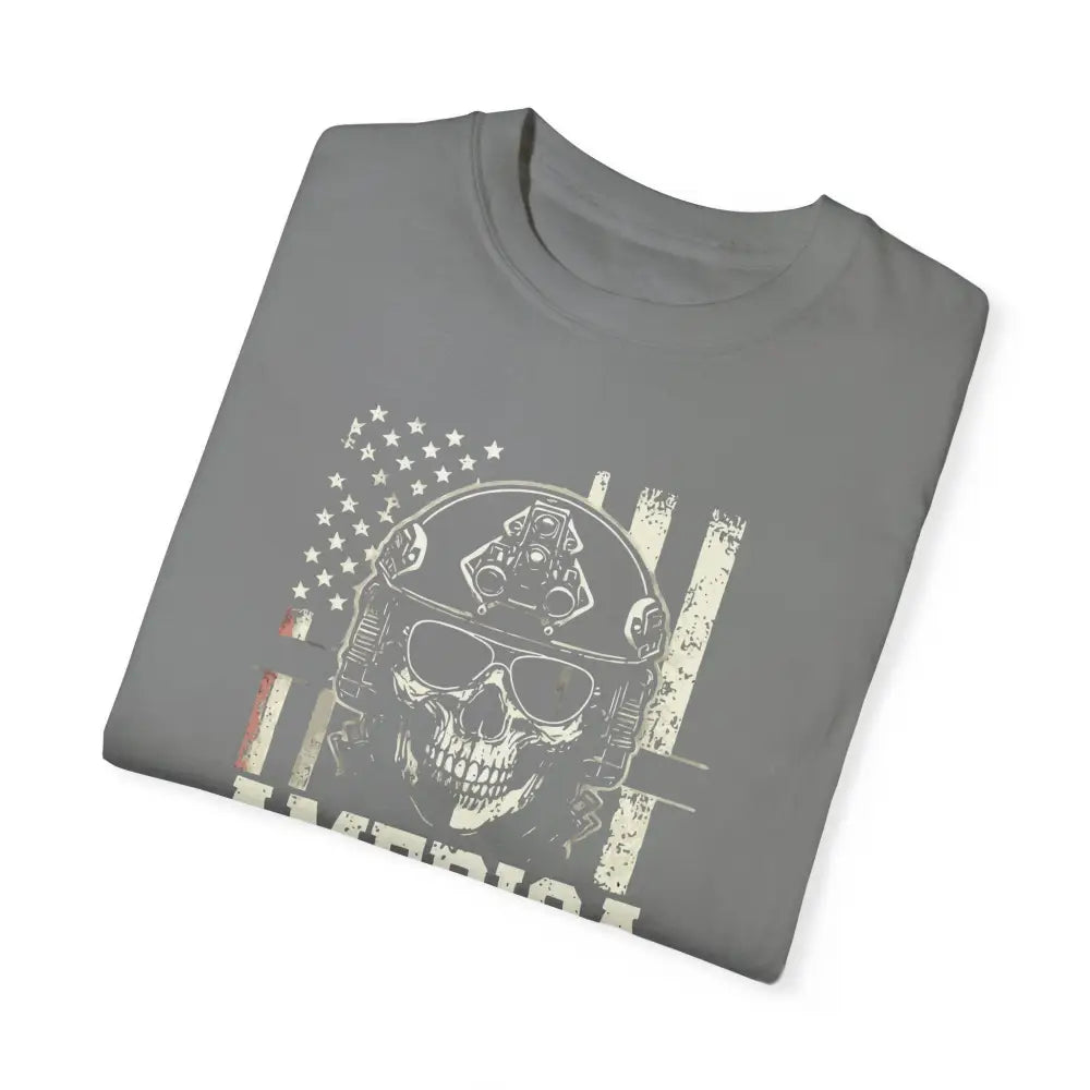 Gray America Special Ops vintage military tee featuring skull graphic on American flag design