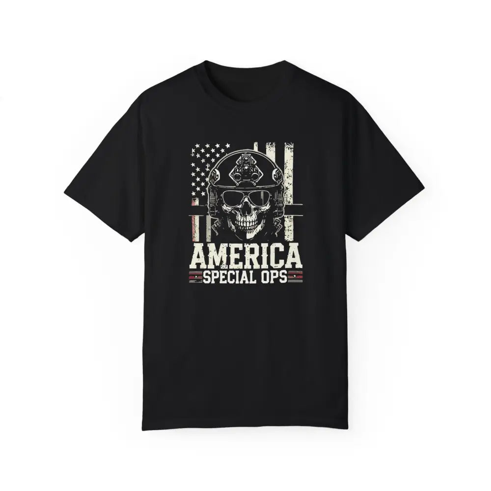 Black unisex garment-dyed vintage military tee with skull graphic and America Special Ops logo