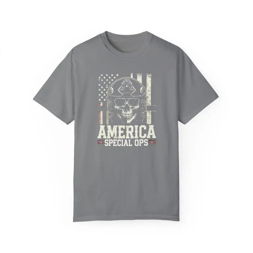 Gray America Special Ops vintage military tee with distressed flag and skull