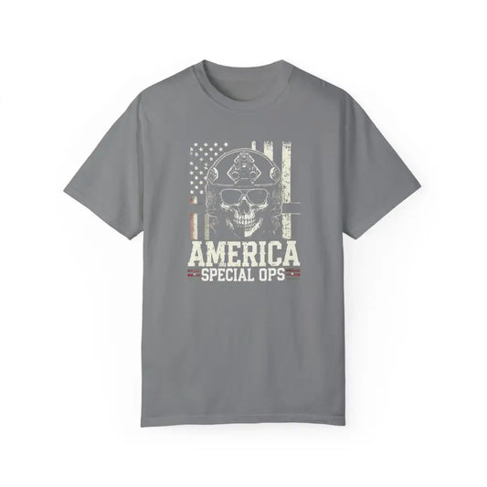 Gray unisex garment-dyed T-shirt with distressed American flag and skull graphic