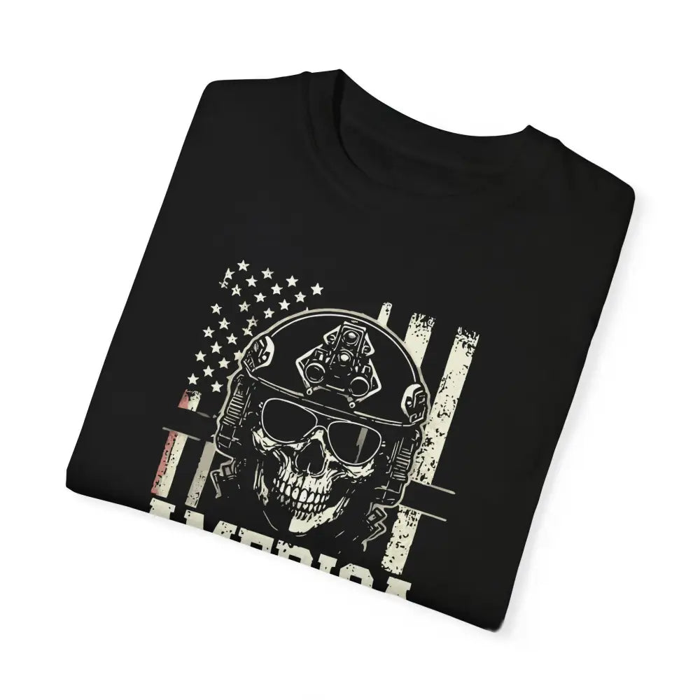 Black America Special Ops vintage military tee with distressed skull graphic and grunge flag