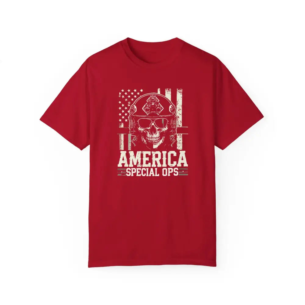 Red unisex garment-dyed T-shirt with distressed skull graphic and America Special Ops design