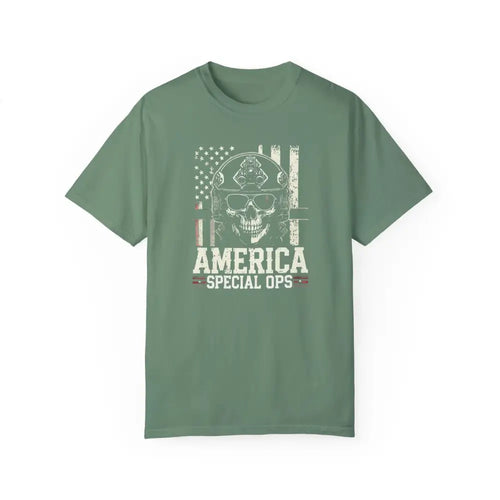 Light green America Special Ops vintage military tee with skull graphic