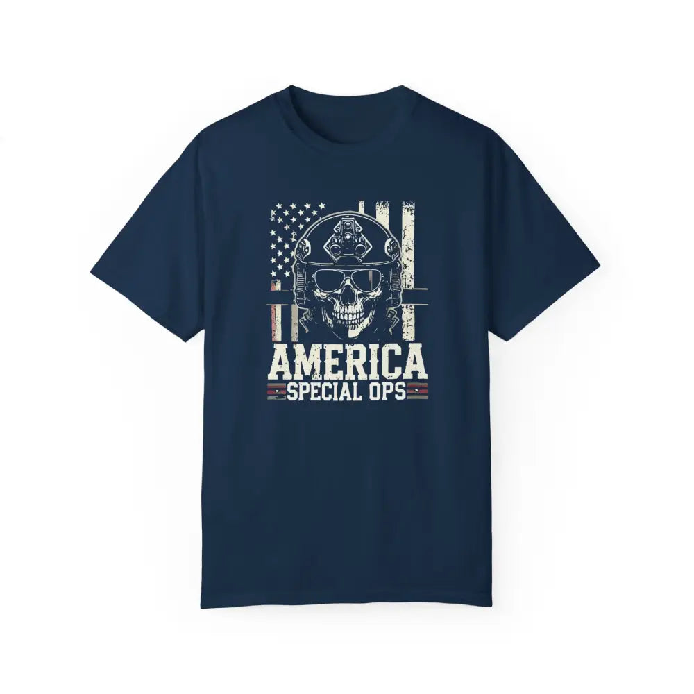 Dark blue America Special Ops vintage military tee with distressed skull graphic in helmet