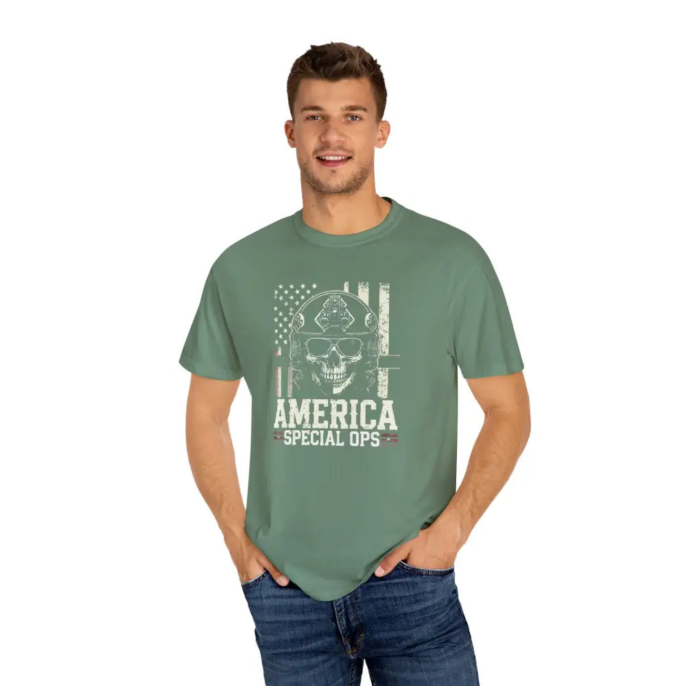 Men’s sage green vintage military tee with skull graphic and america special ops design