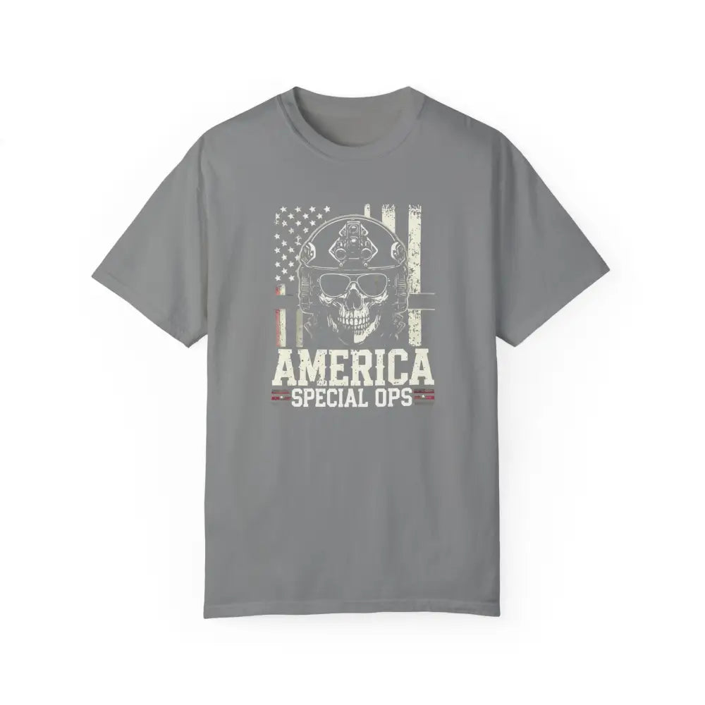 Gray unisex garment-dyed t-shirt with distressed American flag and skull graphic for America Special Ops