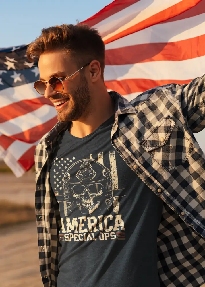 Man in plaid shirt and Special Ops t-shirt holding American flag, showcasing America Special Ops vintage military tee