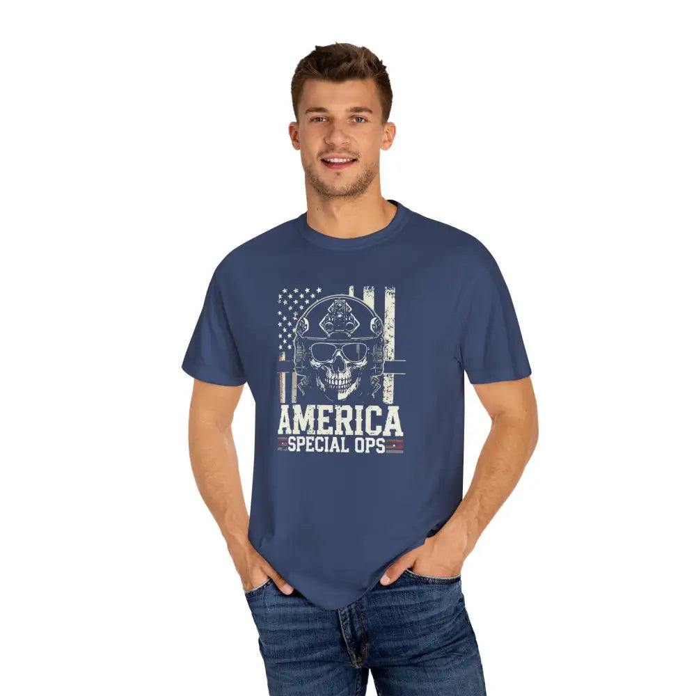 Unisex garment-dyed T-shirt featuring America Special Ops skull graphic and vintage military style